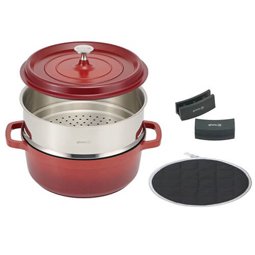 ＜gioia＞キャセロール24cm＆蒸し器4点セット レッド XC-4RE